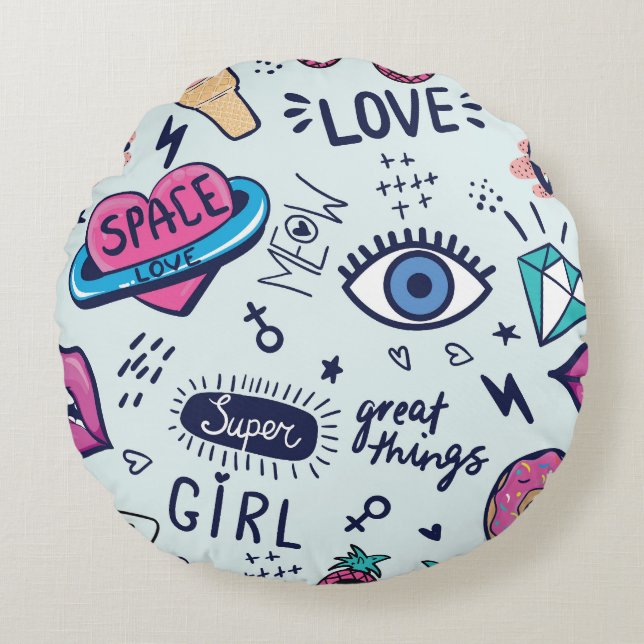 Mode Patch: Pop Art Stickers. Rundes Kissen (Vorderseite)