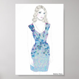 Mode-Skizze - Aquarell-Blumenkleid Poster