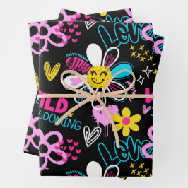 Mode Smiley-Blumen-Graffiti-Muster Geschenkpapier Set