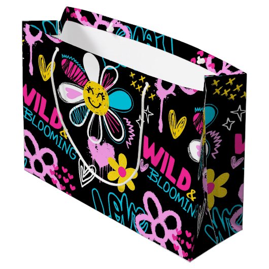 Mode Smiley-Blumen-Graffiti-Muster Große Geschenktüte (Rückseite Schrägansicht)