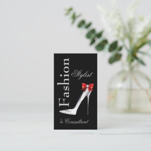 Mode-Stylist Silver Stiletto mit Red Bow Visitenkarte (Stehend Vorderseite)