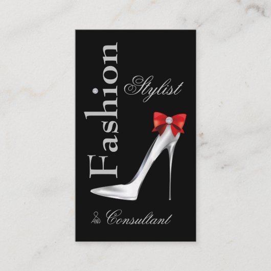Mode-Stylist Silver Stiletto mit Red Bow Visitenkarte (Vorderseite)
