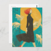 Mode und Goldfish Red Hair Lady Black Dress Postkarte (Vorne/Hinten)