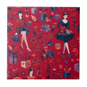 Modebewusste Festliche Frauen Rotes Blumenmuster Fliese