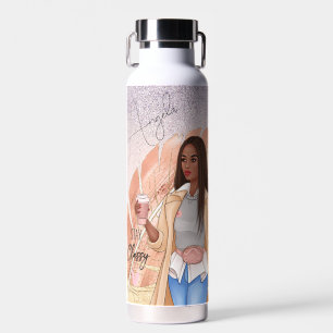 Modebewusste Frau Pink Roségold Braunes Haar  Trinkflasche