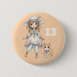 Modebewusstes Mädchen, das mit ihrer Katze spazier Button