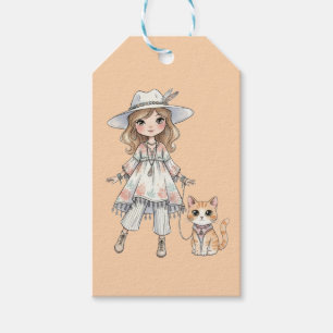 Modebewusstes Mädchen, das mit ihrer Katze spazier Geschenkanhänger