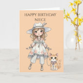 Modebewusstes Mädchen, das mit ihrer Katze spazier Karte (Gelbe Blume)