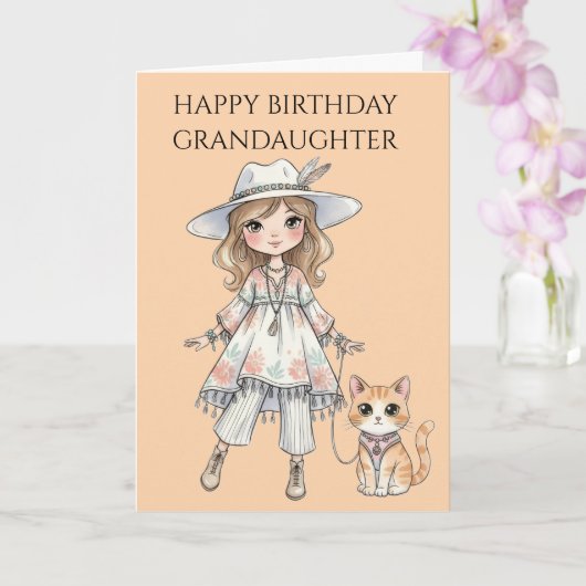 Modebewusstes Mädchen, das mit ihrer Katze spazier Karte (Orchidee)