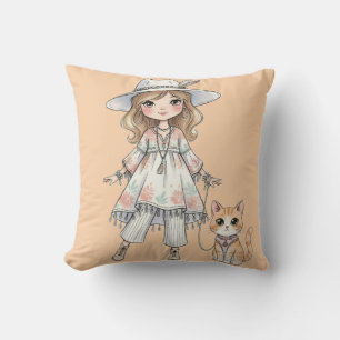 Modebewusstes Mädchen, das mit ihrer Katze spazier Kissen