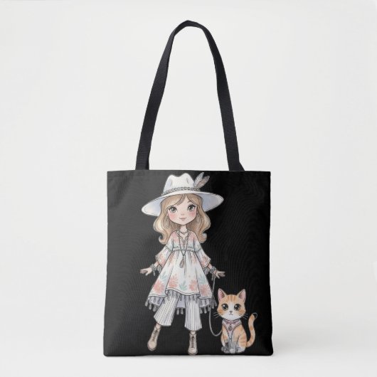 Modebewusstes Mädchen, das mit ihrer Katze spazier Tasche (Vorderseite)