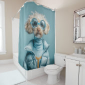Modehund in blauem Outfit Duschvorhang (Beispiel)