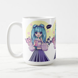 Modeikone: Blauhaariges Mädchen mit Panda und Katz Kaffeetasse