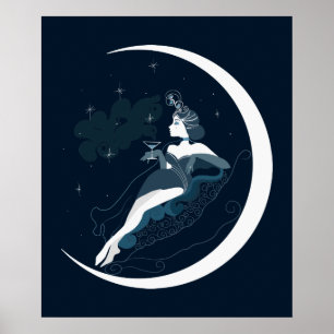 Modeillustration Art Deco Frau mit Mond Poster