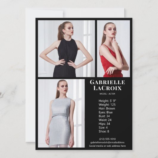 Model Actor 3 Foto Pro Comp Card Vorlage Schwarz (Vorderseite)