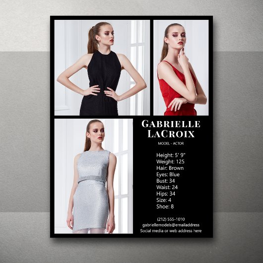 Model Actor 3 Foto Pro Comp Card Vorlage Schwarz