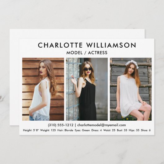 Model Actor Comp Card 12x18 White 3 Foto Einladung (Vorne/Hinten)