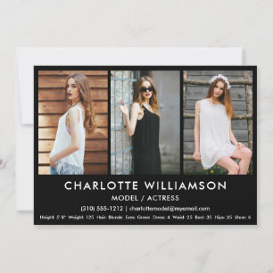 Model Actor Comp Card 3 Foto 12x18 Black Einladung