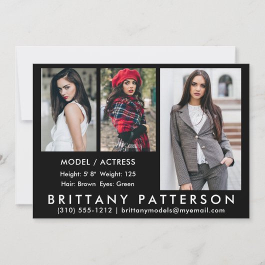 Model Actor Comp Card 3 Foto Black 12x18 Einladung (Vorderseite)