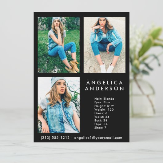 Model Actor Comp Card 3 Foto Schwarz (Stehend Vorderseite)