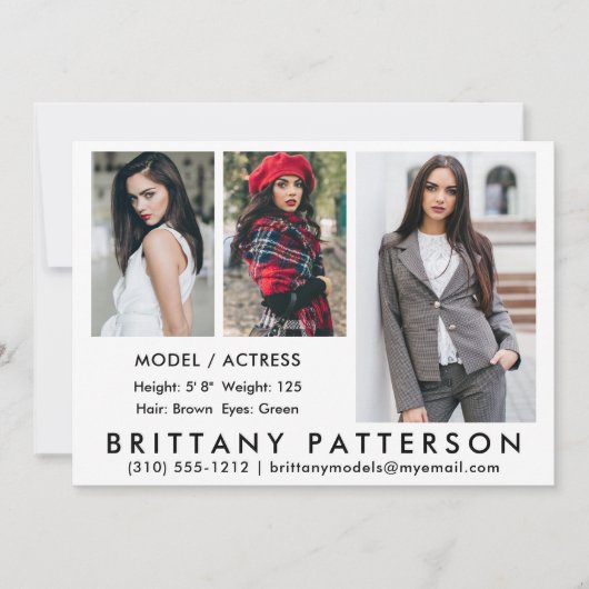 Model Actor Comp Card 3 Foto Weißes 12x18 Einladung (Vorderseite)