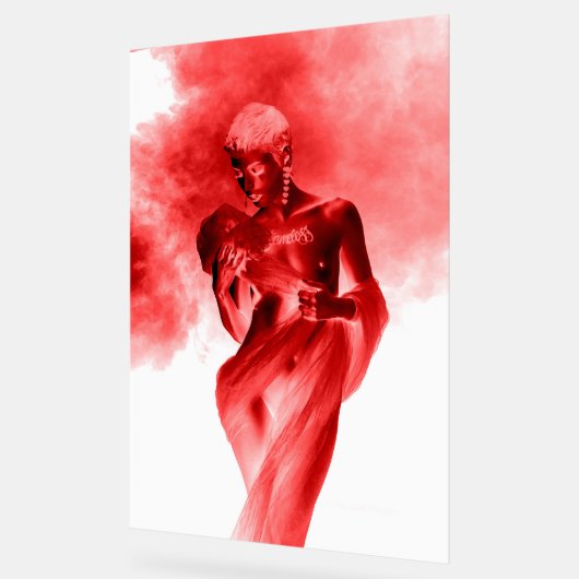Model posing with red fabric and smoke in monochro acrylschild (Winkel)