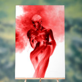 Model posing with red fabric and smoke in monochro acrylschild (Neutral)
