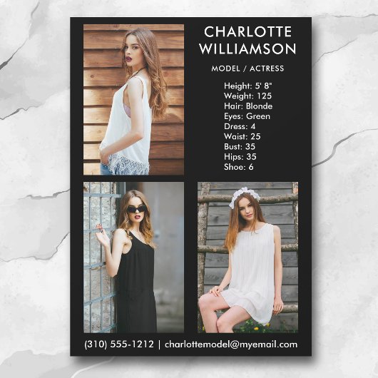 Modell Actor 3 Foto Comp Card 12x18 Blank Einladung