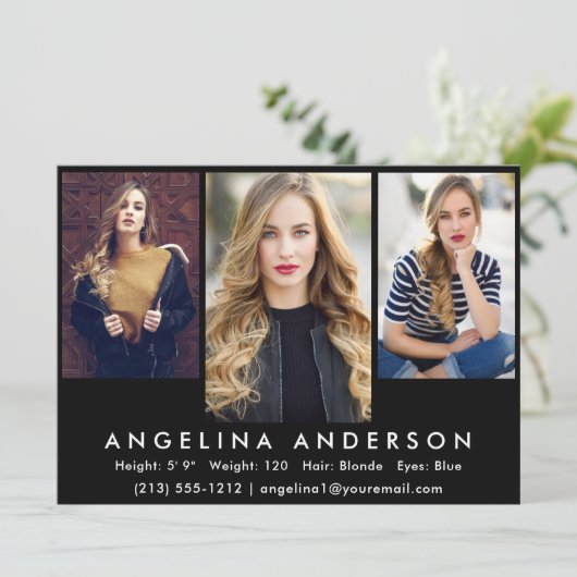 Modell Actor 3 Foto Comp Card | Schwarze Front Einladung (Stehend Vorderseite)
