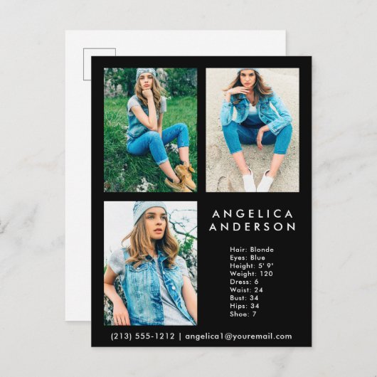 Modell Actor 3 Foto Comp Card - Schwarze Postkarte (Vorne/Hinten)