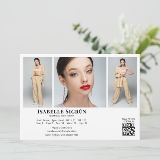 Modell Actor 3 Foto Comp Card Vorlage 12x18 weiß (Stehend Vorderseite)