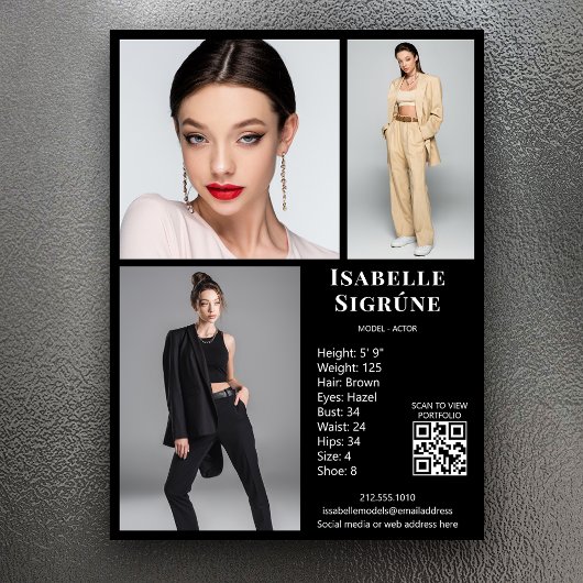 Modell Actor 3 Foto Comp Card Vorlage Schwarz QR