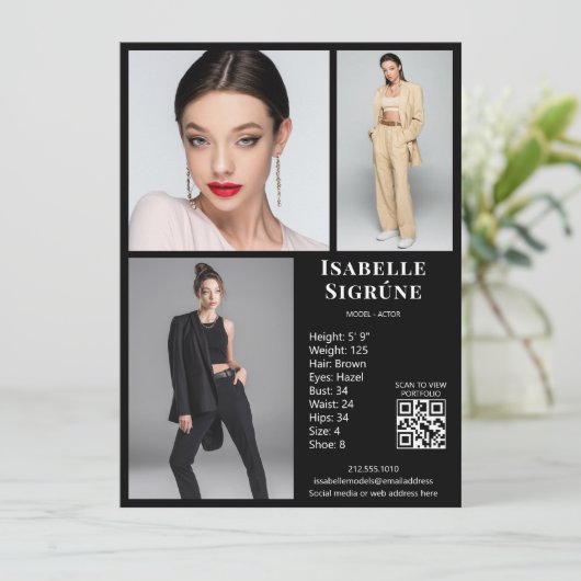 Modell Actor 3 Foto Comp Card Vorlage Schwarz QR (Stehend Vorderseite)