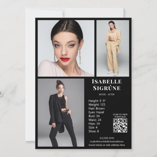 Modell Actor 3 Foto Comp Card Vorlage Schwarz QR (Vorderseite)