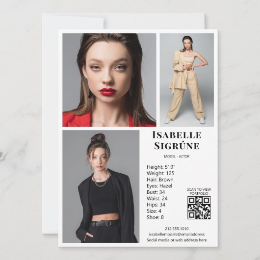 Modell Actor 3 Foto Comp Card Vorlage Weiß QR (Vorderseite)
