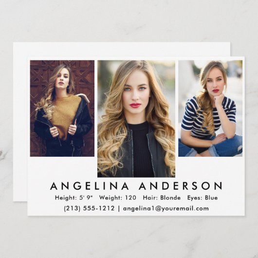 Modell Actor 3 Foto Comp Card | Weiße Front Einladung (Vorne/Hinten)