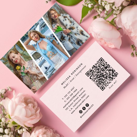 Modell Social Media, QR-Code & 3-Foto-Collage Rosa Visitenkarte