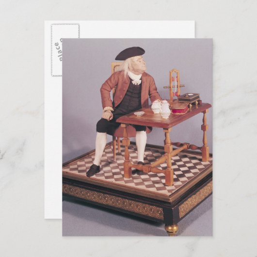 Modell von Benjamin Franklin an seinem Tisch Postkarte (Vorne/Hinten)