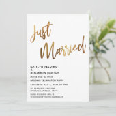 Moden Just Married Gold Handwriting Empfang Einladung (Stehend Vorderseite)