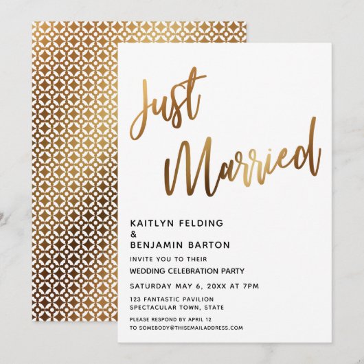 Moden Just Married Gold Handwriting Empfang Einladung (Vorne/Hinten)