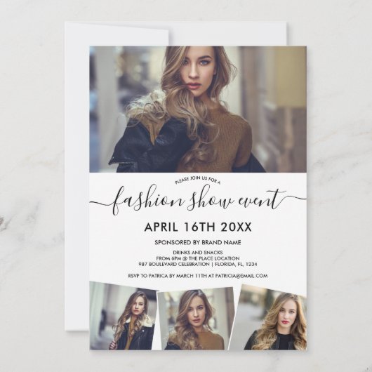 Modenschau mit weißer minimalistischer Schriftzeic Einladung (Rückseite)