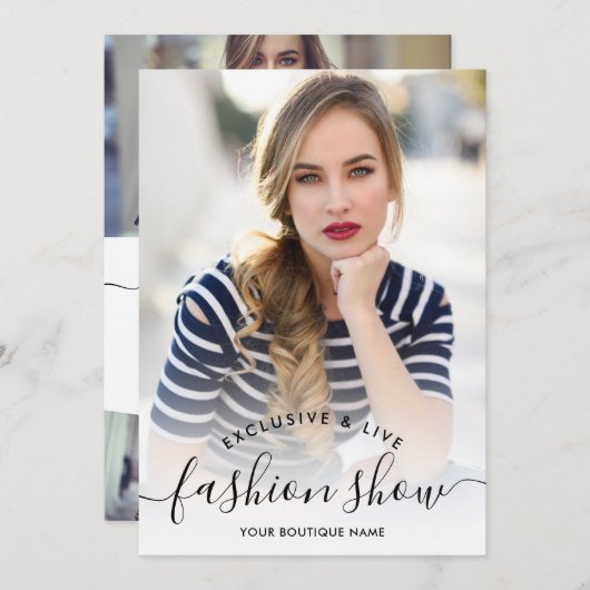 Modenschau mit weißer minimalistischer Schriftzeic Einladung (Vorne/Hinten)