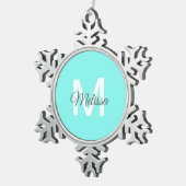 Moder chic minimalalist monogram Turquoise aqua bl Schneeflocken Zinn-Ornament (Rechts)