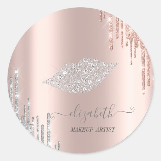 Moder Diamonds Lips, Rose Gold Silver Tropfen Clas Runder Aufkleber (Vorderseite)