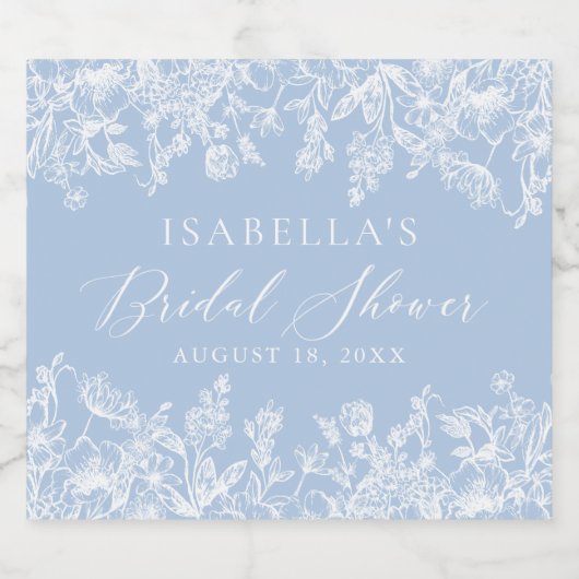 Moder Elegant Dusty Blue Floral Brautparty Schaumweinetikett (Einzelnes Label)