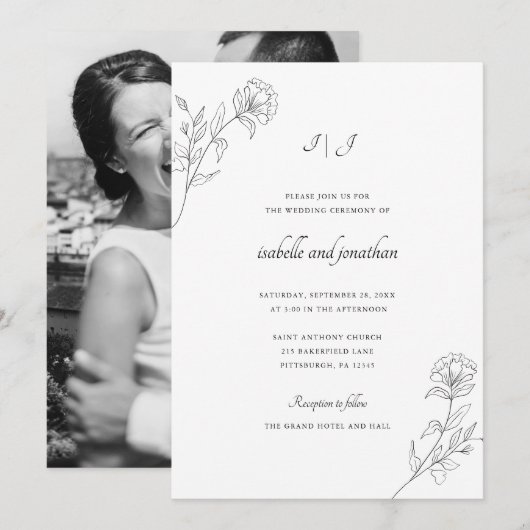 Moder Gezeichnet florale Foto Hochzeit Einladung (Vorne/Hinten)