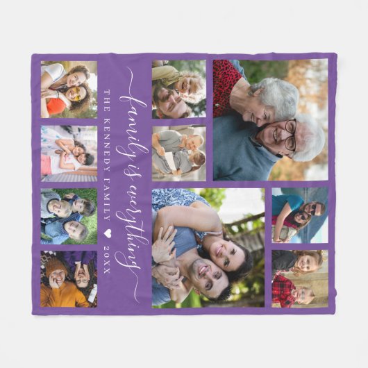 Modern 10 Photo Collage Family Name Quote Purple Fleecedecke (Vorderseite (Horizontal))
