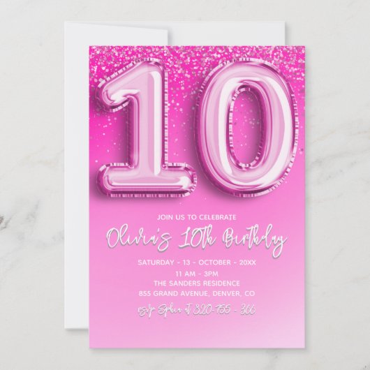Modern 10th Birthday Girl with Pink Number Balloon Einladung (Vorderseite)