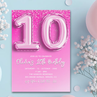 Modern 10th Birthday Girl with Pink Number Balloon Einladung