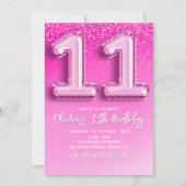 Modern 11th Birthday Girl with Pink Number Balloon Einladung (Vorderseite)